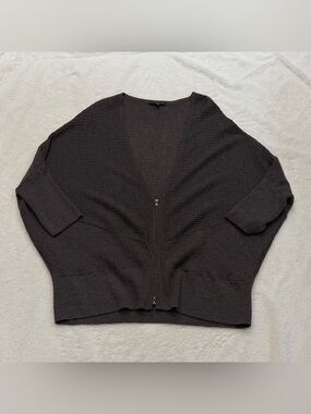 Eileen Fisher Woman 1X Zip Cardigan Brown 100% Wool Ribbed Batwing Italian Yarn